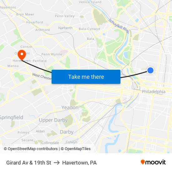 Girard Av & 19th St to Havertown, PA map