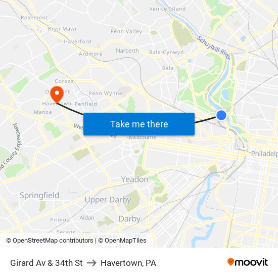 Girard Av & 34th St to Havertown, PA map