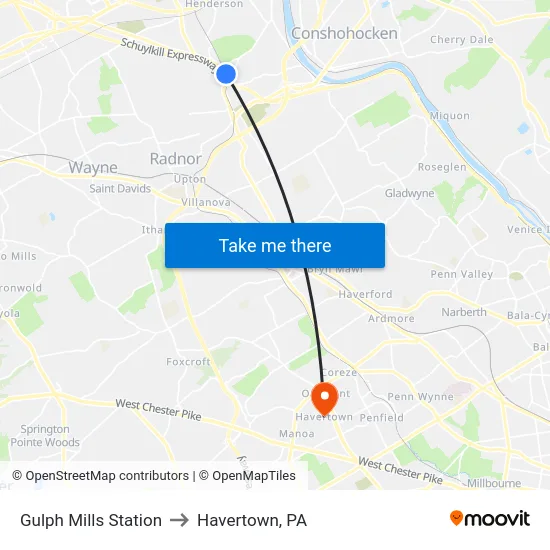 Gulph Mills Station to Havertown, PA map