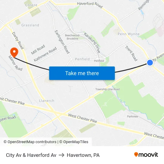 City Av & Haverford Av to Havertown, PA map
