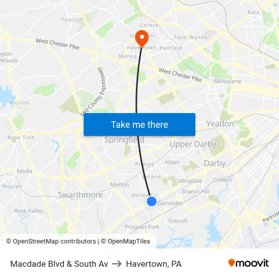 Macdade Blvd & South Av to Havertown, PA map