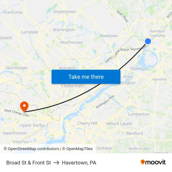 Broad St & Front St to Havertown, PA map
