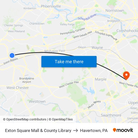 Exton Square Mall & County Library to Havertown, PA map