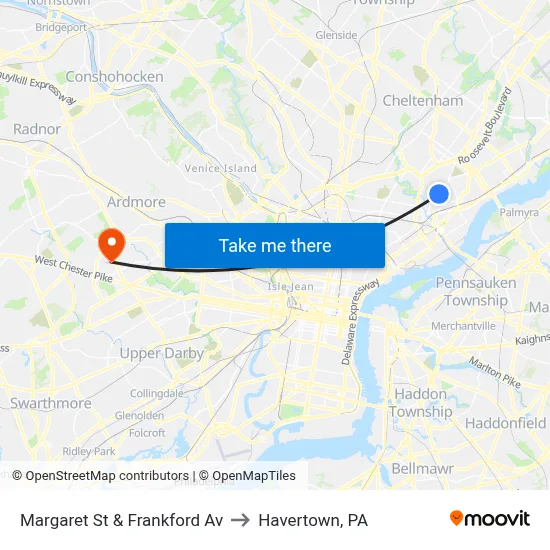 Margaret St & Frankford Av to Havertown, PA map