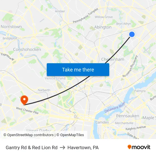 Gantry Rd & Red Lion Rd to Havertown, PA map