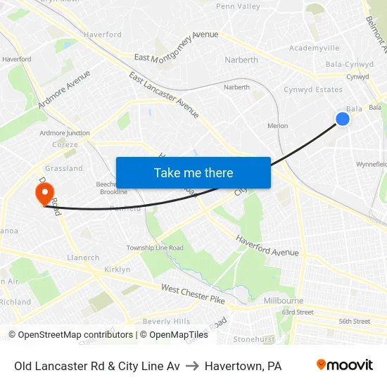 Old Lancaster Rd & City Line Av to Havertown, PA map