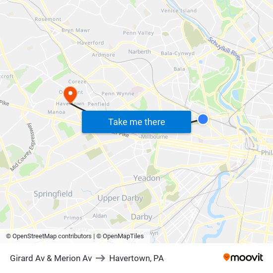 Girard Av & Merion Av to Havertown, PA map