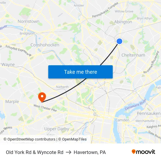 Old York Rd & Wyncote Rd to Havertown, PA map