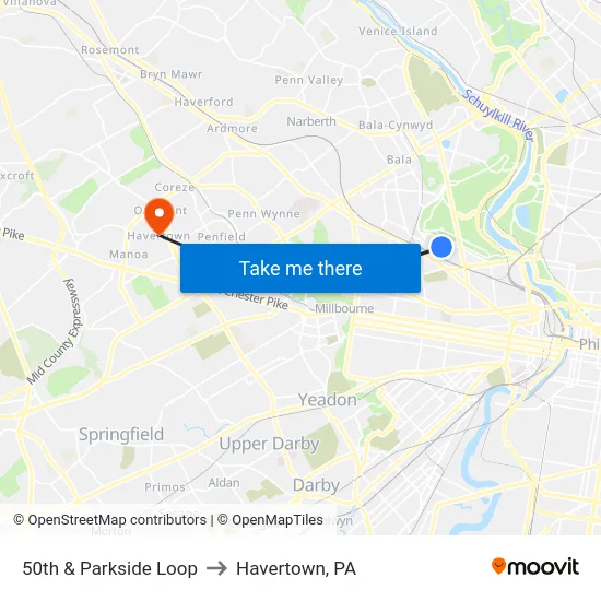 50th & Parkside Loop to Havertown, PA map