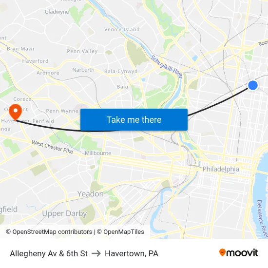 Allegheny Av & 6th St to Havertown, PA map