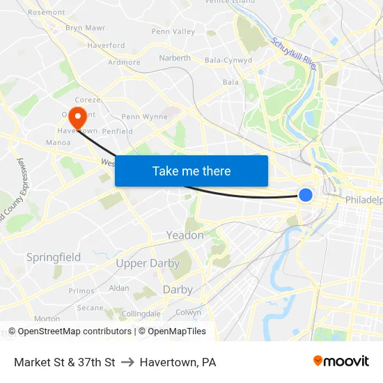 Market St & 37th St to Havertown, PA map