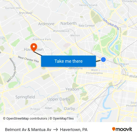 Belmont Av & Mantua Av to Havertown, PA map