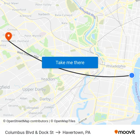 Columbus Blvd & Dock St to Havertown, PA map