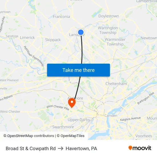 Broad St & Cowpath Rd to Havertown, PA map