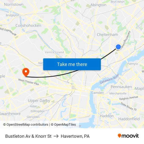 Bustleton Av & Knorr St to Havertown, PA map