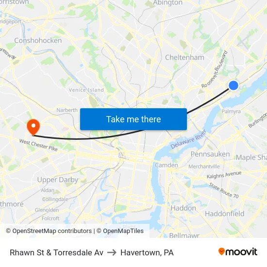 Rhawn St & Torresdale Av to Havertown, PA map
