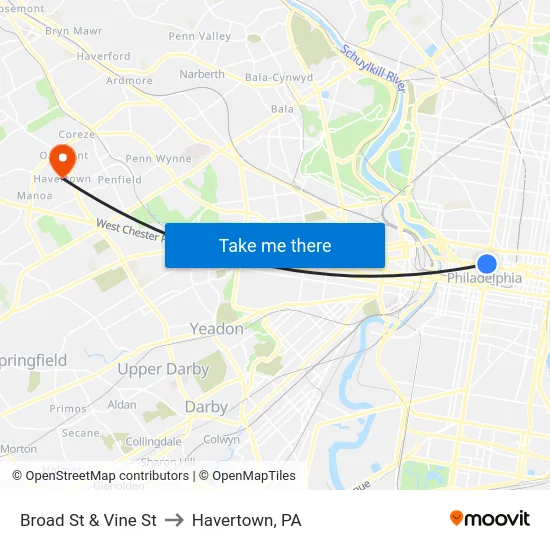 Broad St & Vine St to Havertown, PA map