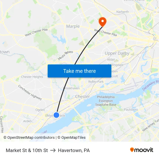 Market St & 10th St to Havertown, PA map
