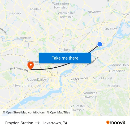 Croydon Station to Havertown, PA map