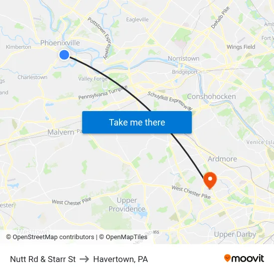 Nutt Rd & Starr St to Havertown, PA map