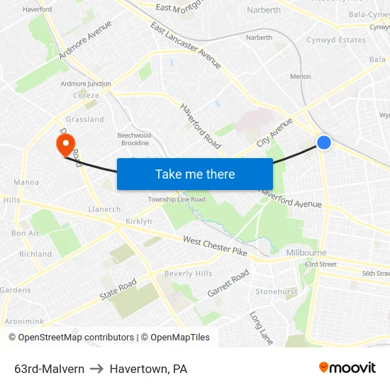 63rd-Malvern to Havertown, PA map