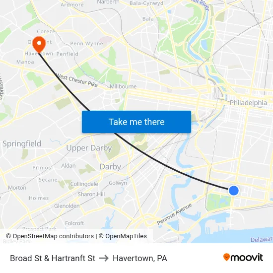Broad St & Hartranft St to Havertown, PA map