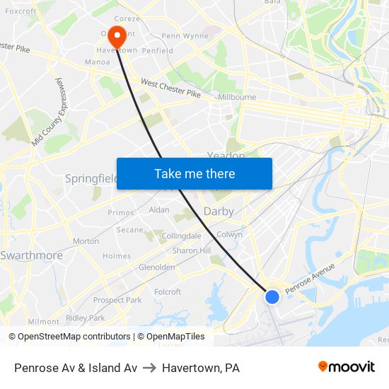 Penrose Av & Island Av to Havertown, PA map