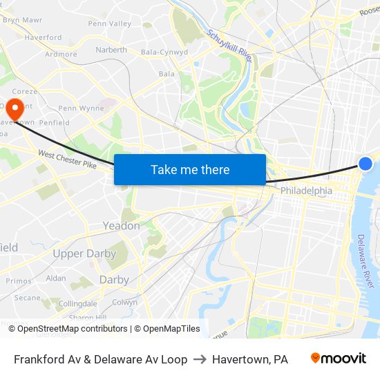 Frankford Av & Delaware Av Loop to Havertown, PA map
