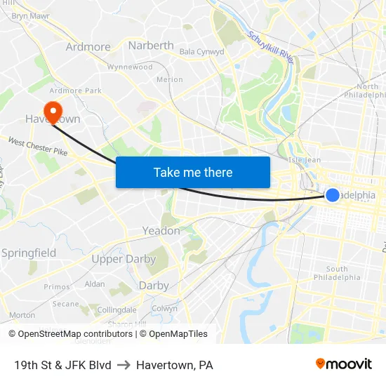 19th St & JFK Blvd to Havertown, PA map