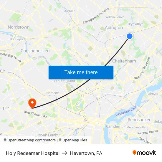 Holy Redeemer Hospital to Havertown, PA map
