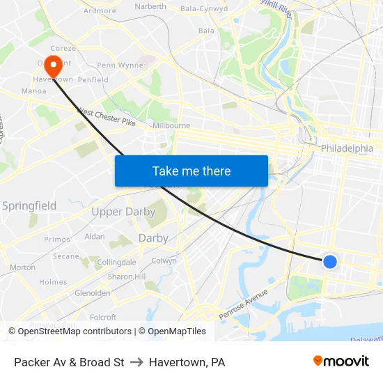 Packer Av & Broad St to Havertown, PA map