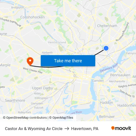 Castor Av & Wyoming Av Circle to Havertown, PA map
