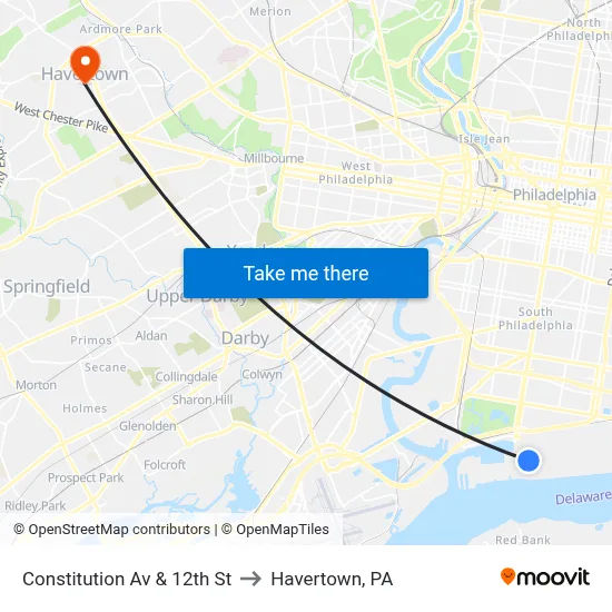 Constitution Av & 12th St to Havertown, PA map