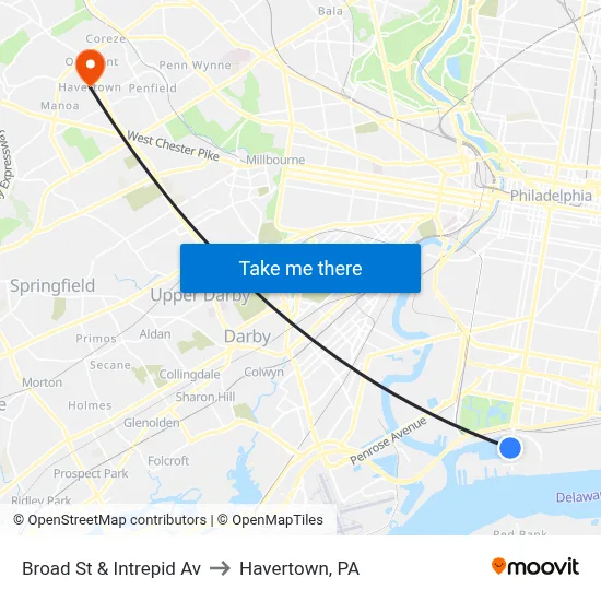 Broad St & Intrepid Av to Havertown, PA map