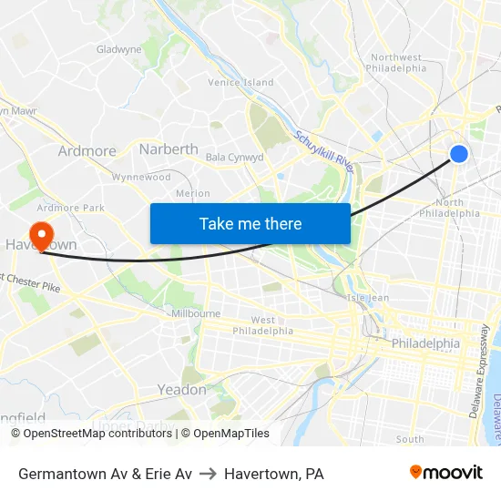 Germantown Av & Erie Av to Havertown, PA map