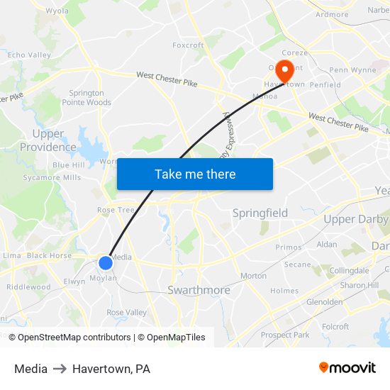 Media to Havertown, PA map