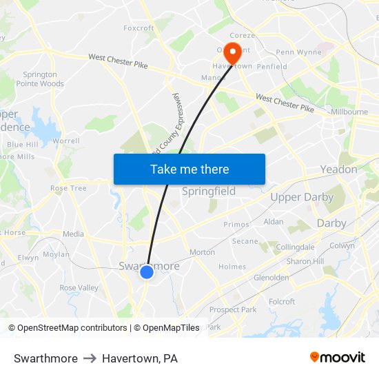 Swarthmore to Havertown, PA map