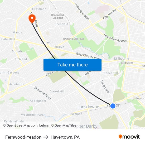 Fernwood-Yeadon to Havertown, PA map