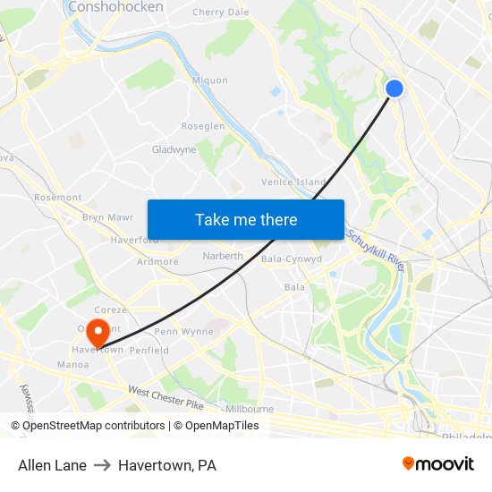 Allen Lane to Havertown, PA map