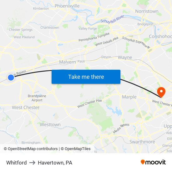 Whitford to Havertown, PA map