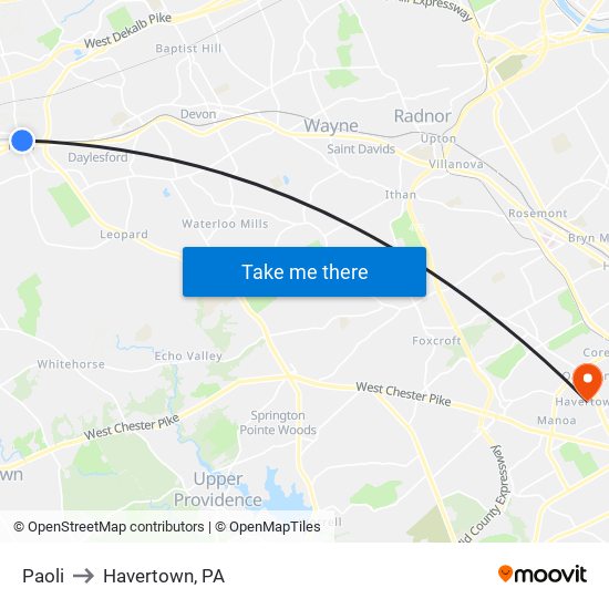 Paoli to Havertown, PA map