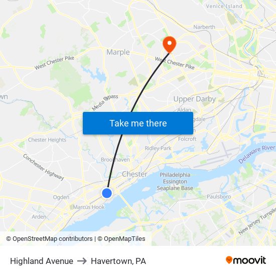 Highland Avenue to Havertown, PA map