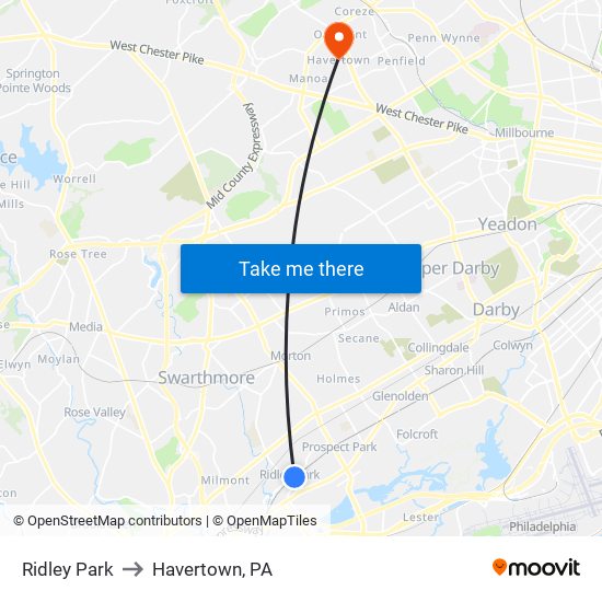 Ridley Park to Havertown, PA map