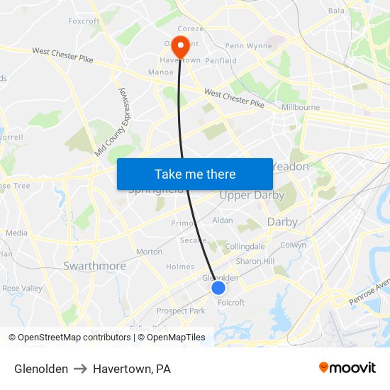 Glenolden to Havertown, PA map