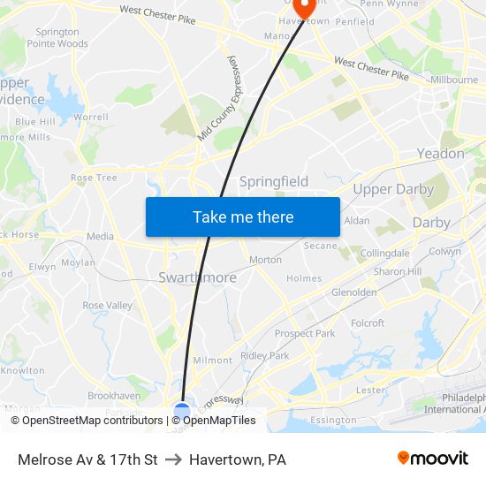 Melrose Av & 17th St to Havertown, PA map