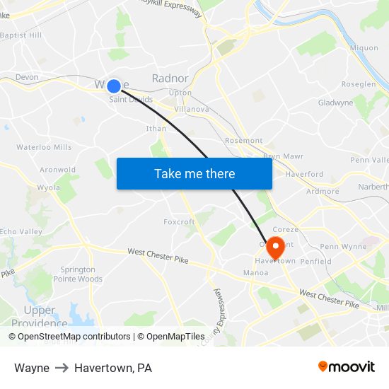 Wayne to Havertown, PA map