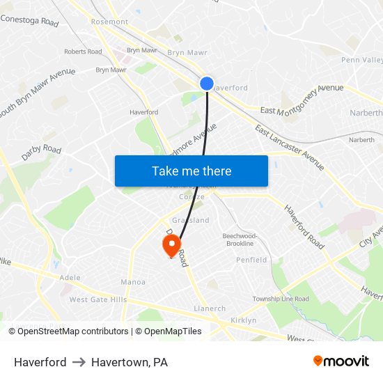 Haverford to Havertown, PA map