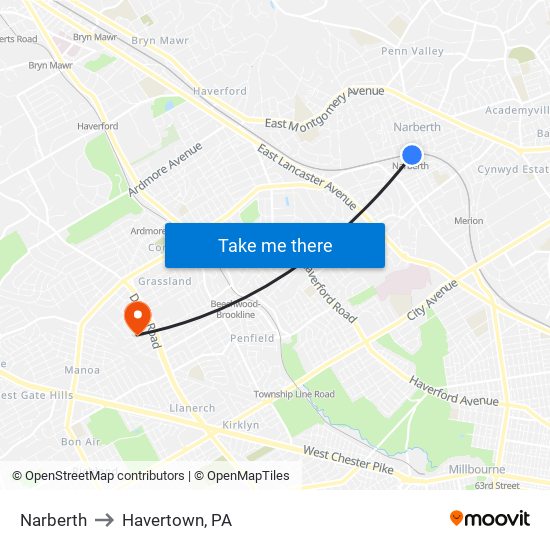 Narberth to Havertown, PA map