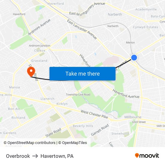 Overbrook to Havertown, PA map