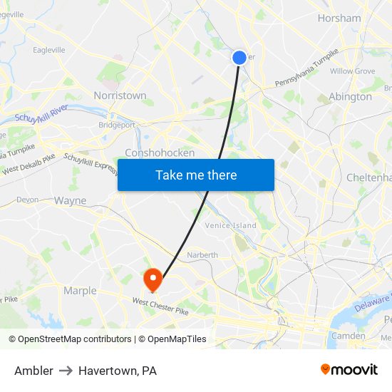 Ambler to Havertown, PA map